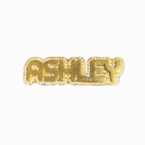 Custom rhinestone name brooch for coat wholesale suppliers high quality name badges factory personalized diamante jewelry pins manufacturers